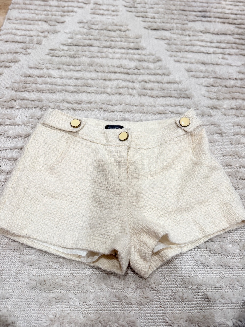 High-Waist Cream Tweed Shorts with Gold Button Detail